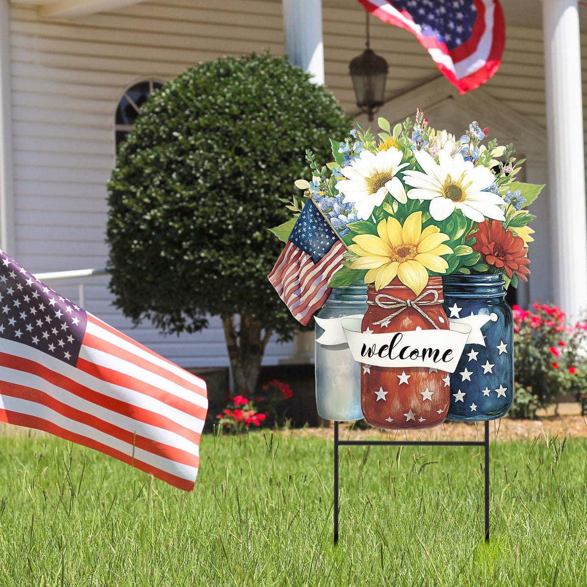 Amyhill patriotic yard sign in red white and blue enhances curb appeal