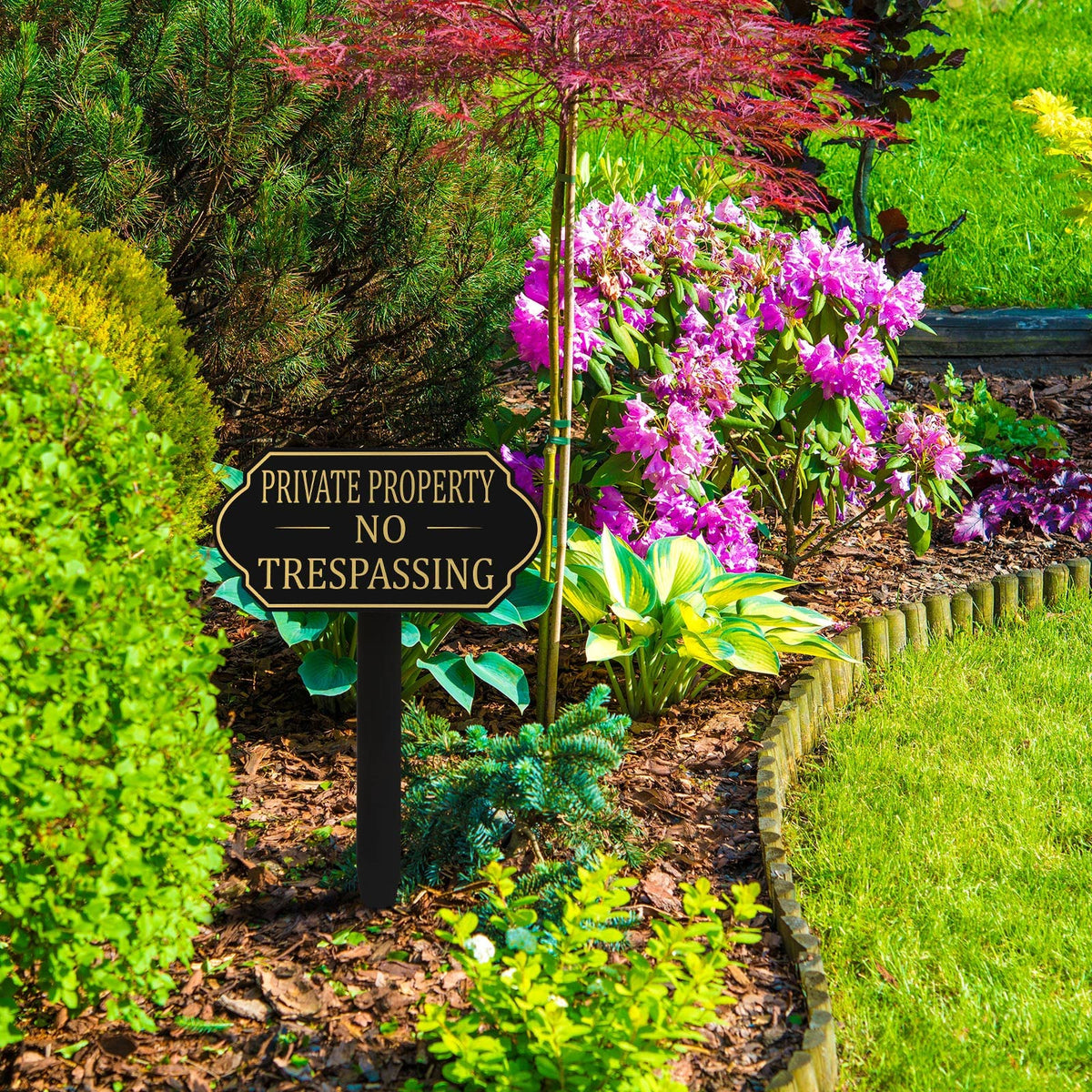 Amyhill sign with rounded corners enhances garden aesthetics and safety.