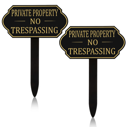 Amyhill private-property sign with stake close-up for in-ground visibility to deter trespassers.