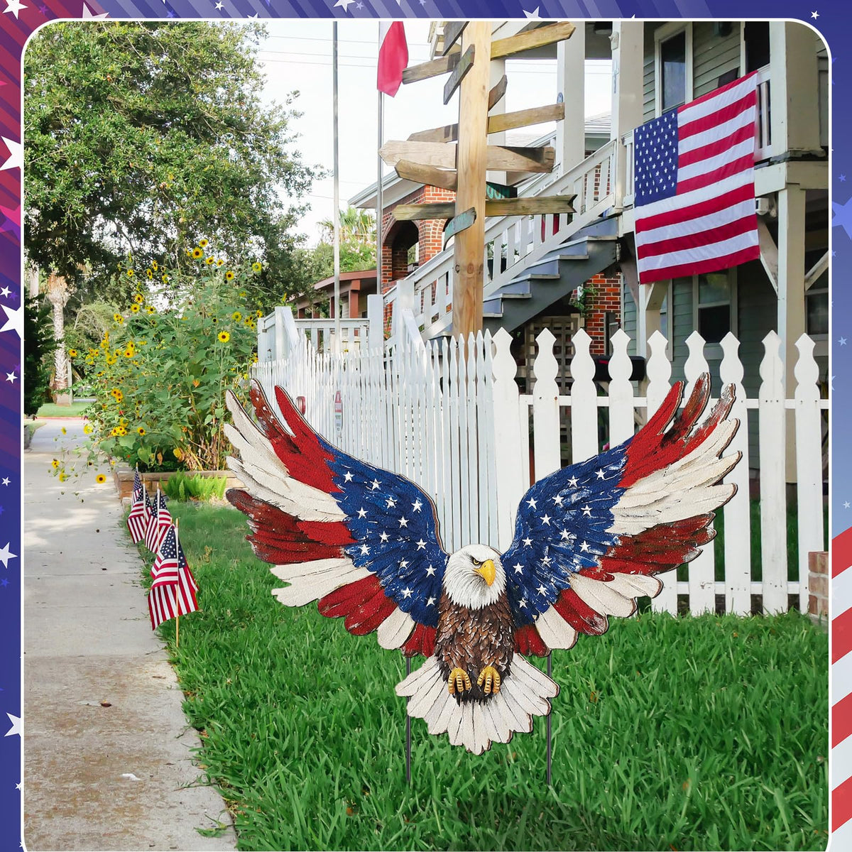 Amyhill red-white-blue yard sign creates a patriotic centerpiece for lawns.