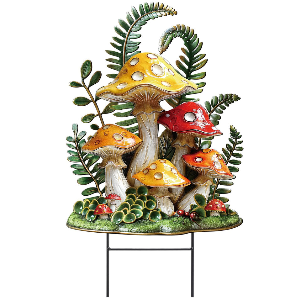 Amyhill spring mushroom garden stake planted in soil for vibrant outdoor decor.