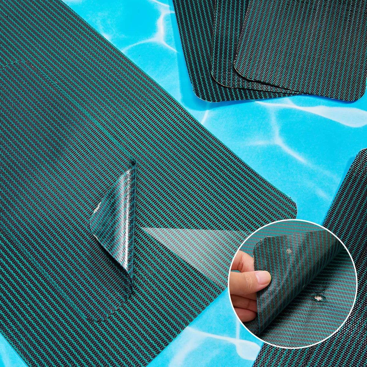 Amylove patch application on pool mesh demonstrates simple press-and-seal method