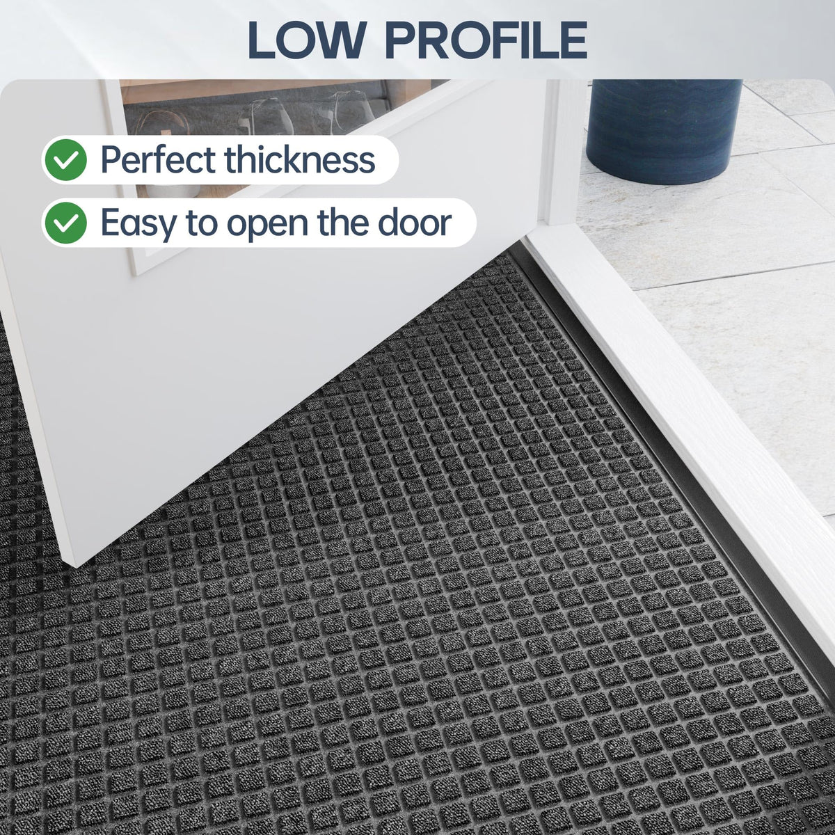 Amyracel mat shows low-profile edges that stay flat at the door