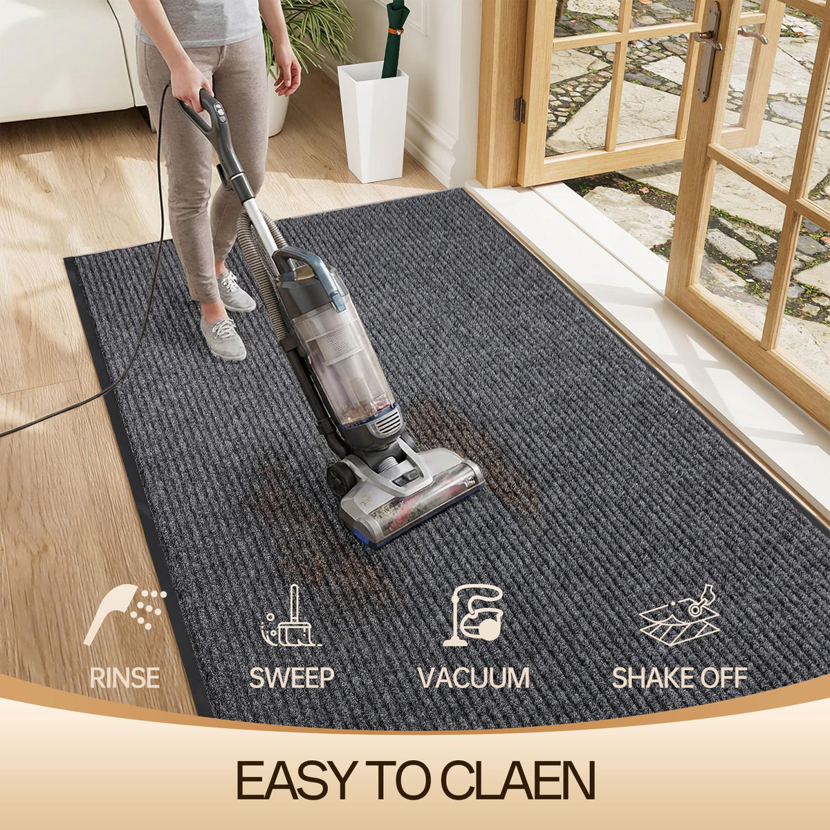 Amyracel weatherproof mat withstands rain and snow while maintaining color.