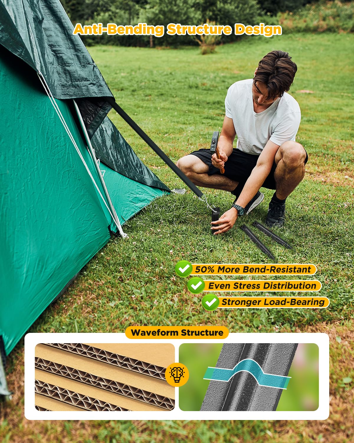 AMZCUBE Anti-bending arch-back stake demonstrates resilience under hammering.