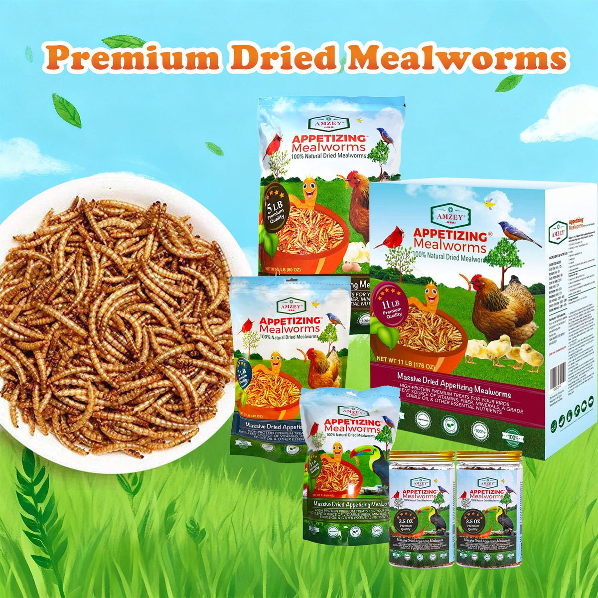 Packaging detail: Amzey mealworms in a convenient ready-to-use format
