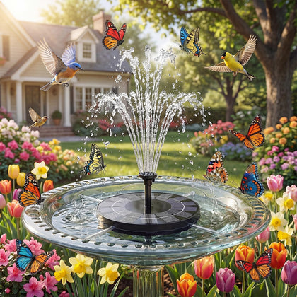 AMZtime solar bird bath fountain with six nozzles for varied spray patterns.