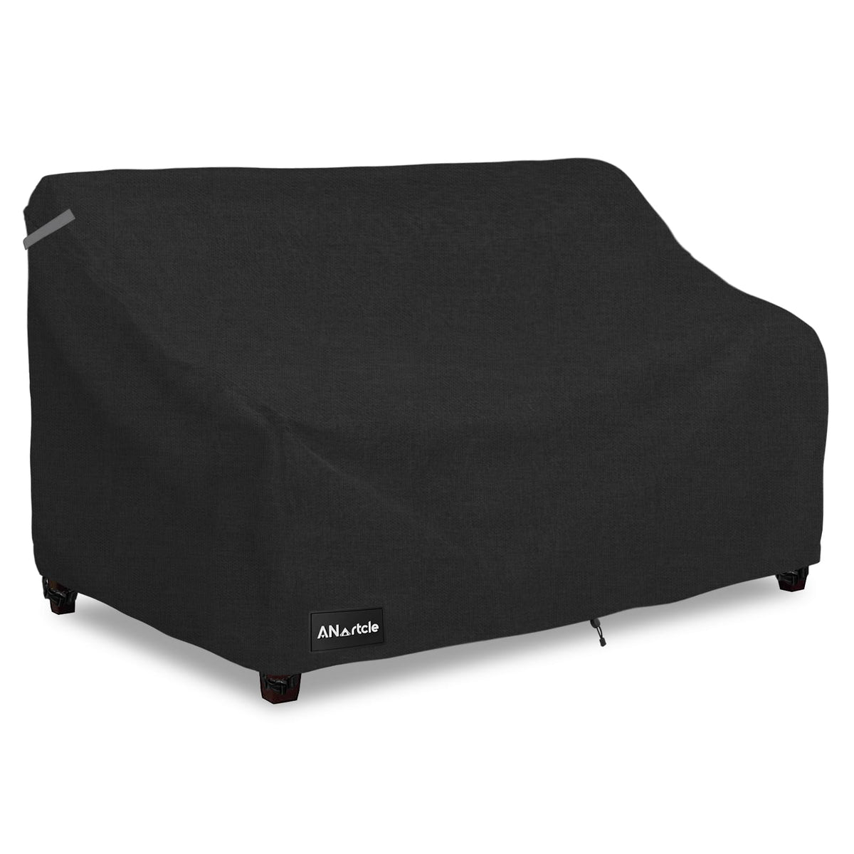 ANartcle loveseat cover front view shields outdoor seating from rain and sun.