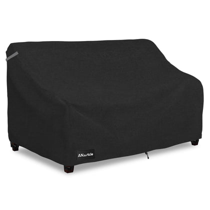 ANartcle loveseat cover front view shields outdoor seating from rain and sun.