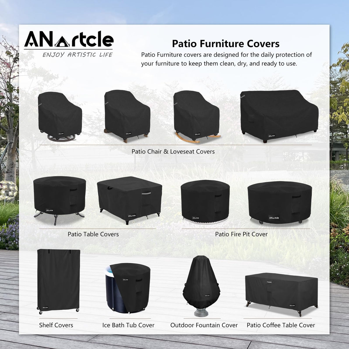 ANartcle loveseat cover side view with snug wind-proof fit.