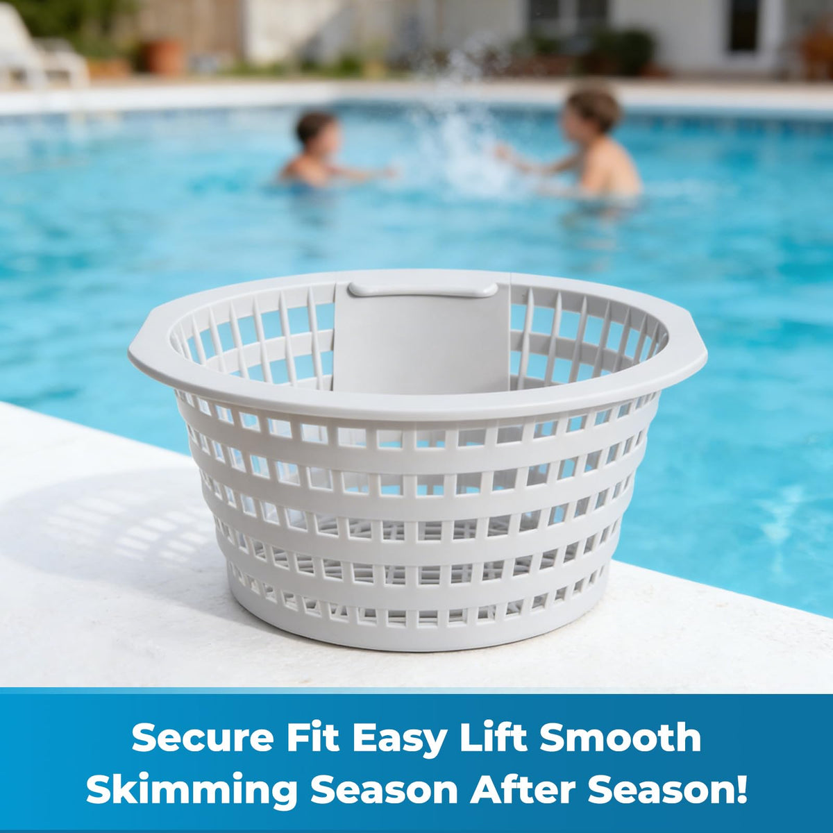 ANATIA skimmer basket demonstrates tool-free installation in the pool skimmer.