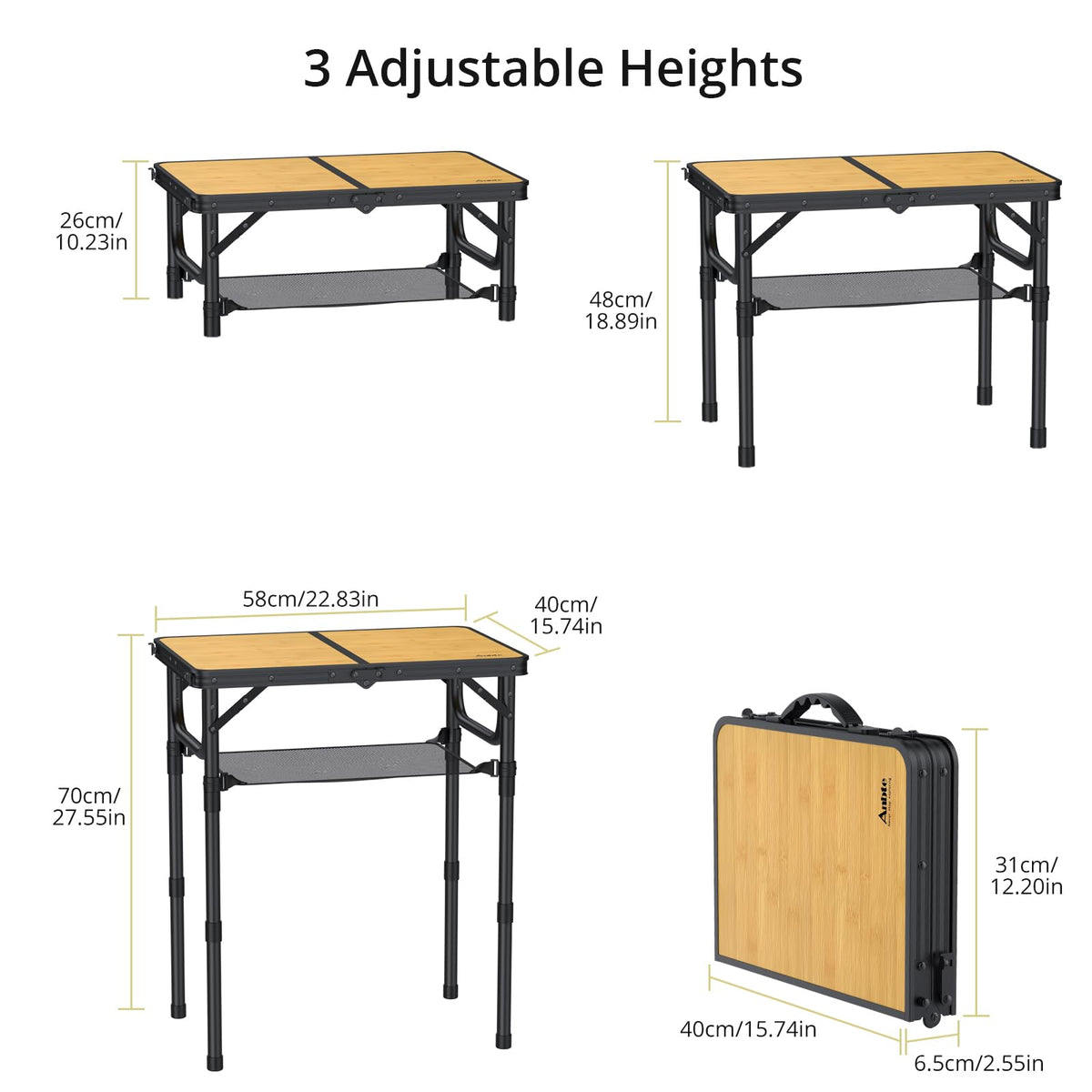 Anbte table with storage net under the top adding extra camping space