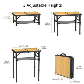 Anbte table with storage net under the top adding extra camping space
