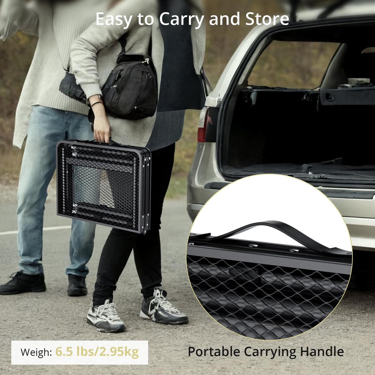 Anbte folding table with carrying handles for easy transport.