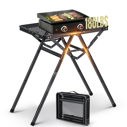 Anbte folding grill table closed for compact transport, ideal for car camping.