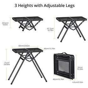Anbte folding grill table opened to briefcase size for quick setup.