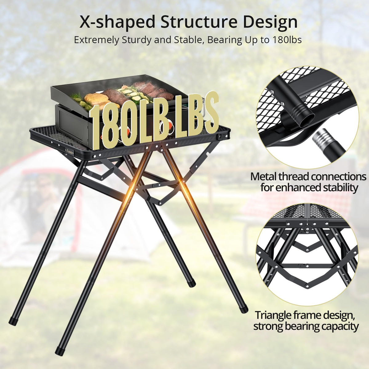 Anbte iron-mesh tabletop resists heat and cleans easily after grilling.