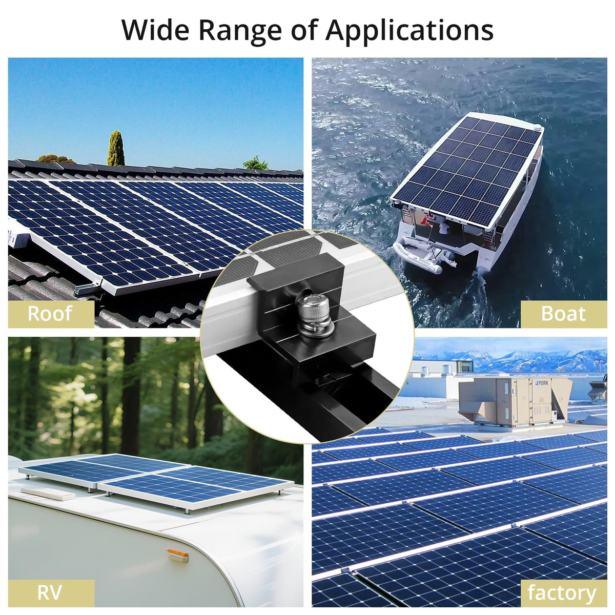Anbte four-panel mounting kit includes clamps and screws for complete setup.