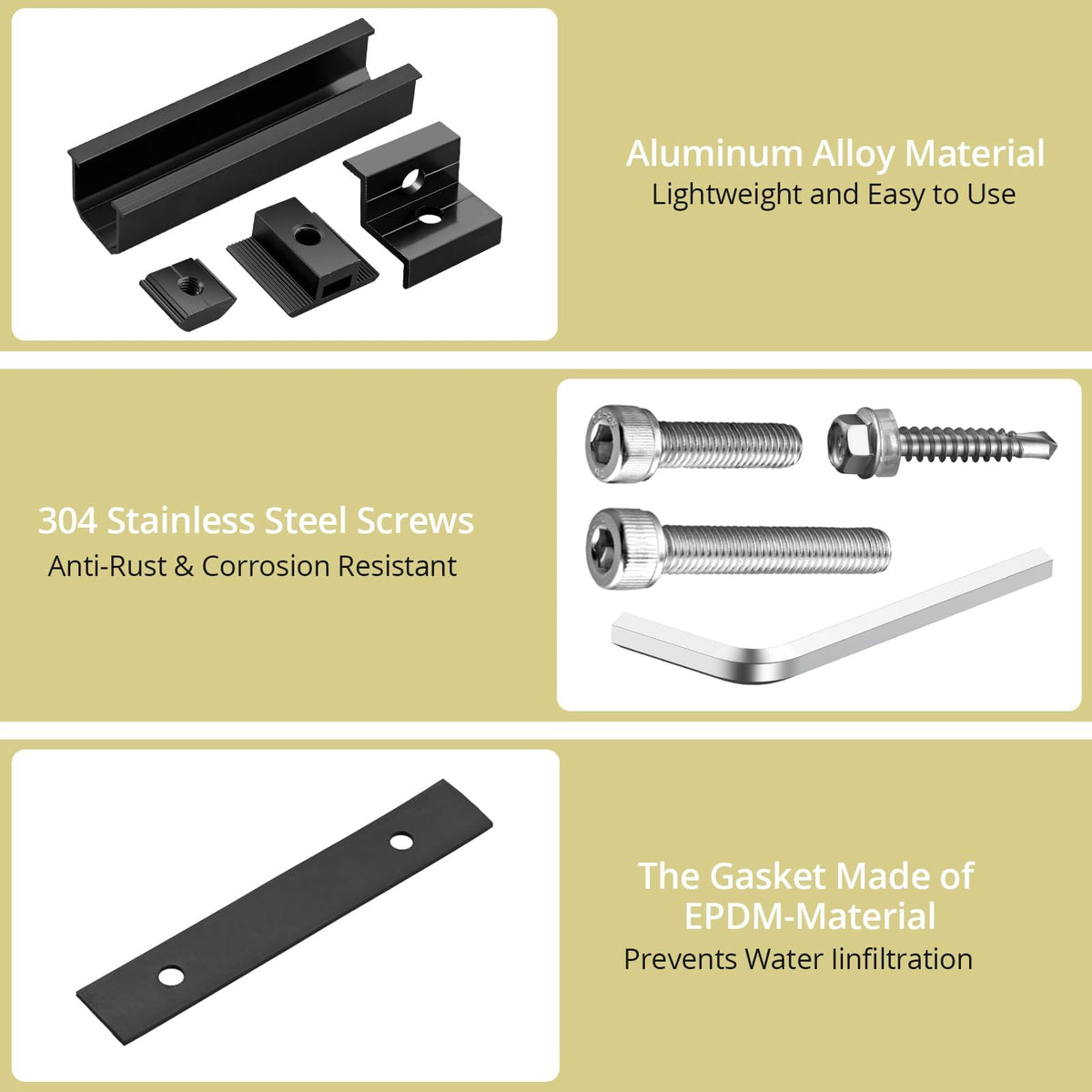 Anbte end clamps secure panel edges for stable mounting on various roofs.