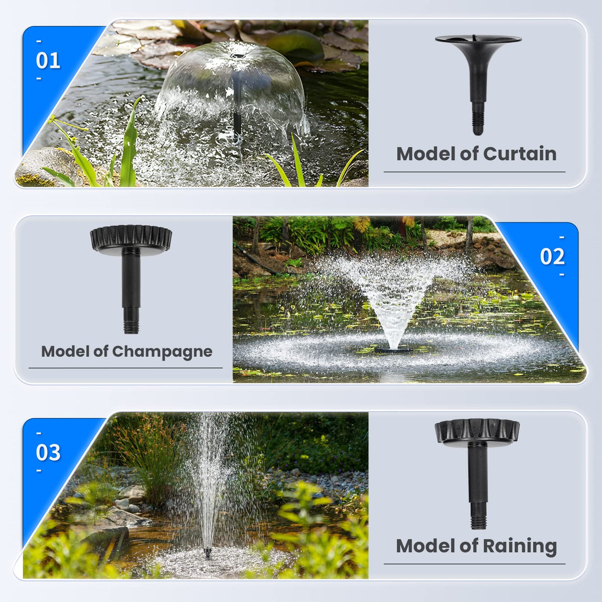 Anbull assembly with multiple heads demonstrates interchangeable fountain options for varied effects.