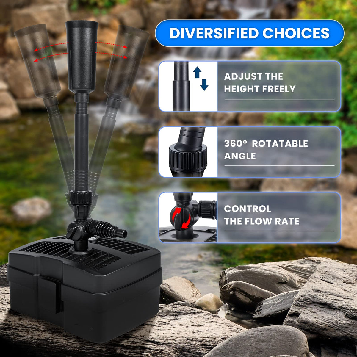 Anbull fountain-heads setup showcases multiple jet styles for pond ambiance.
