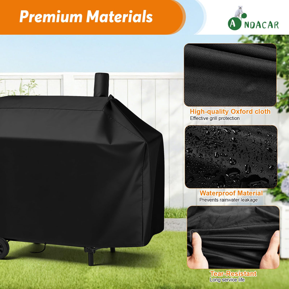 Andacar all weather protection shielding grill from snow, rain, and wind in yard.