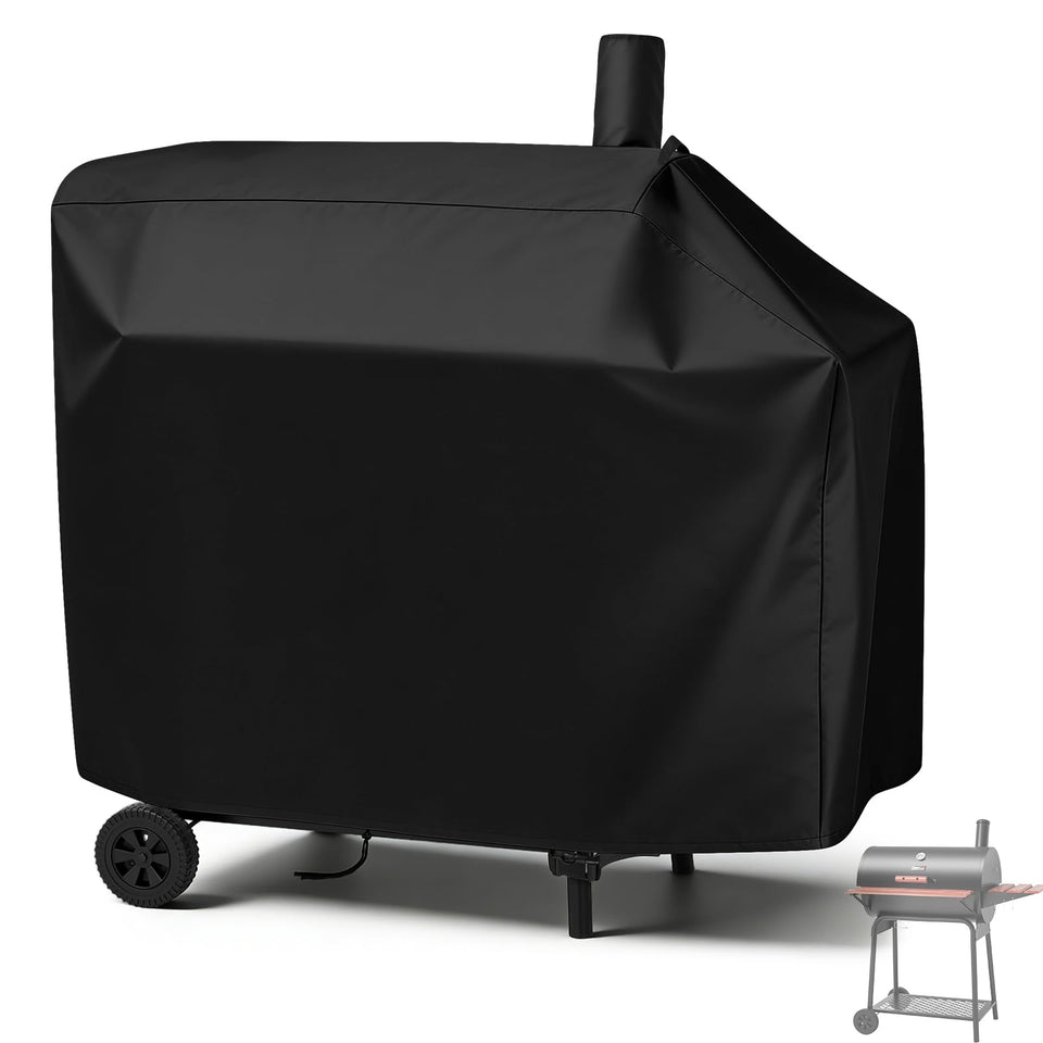 Andacar charcoal grill cover on Royal-Gourmet CC1830V grill showing 44 inch by 29 inch by 45 inch fit for outdoor use.