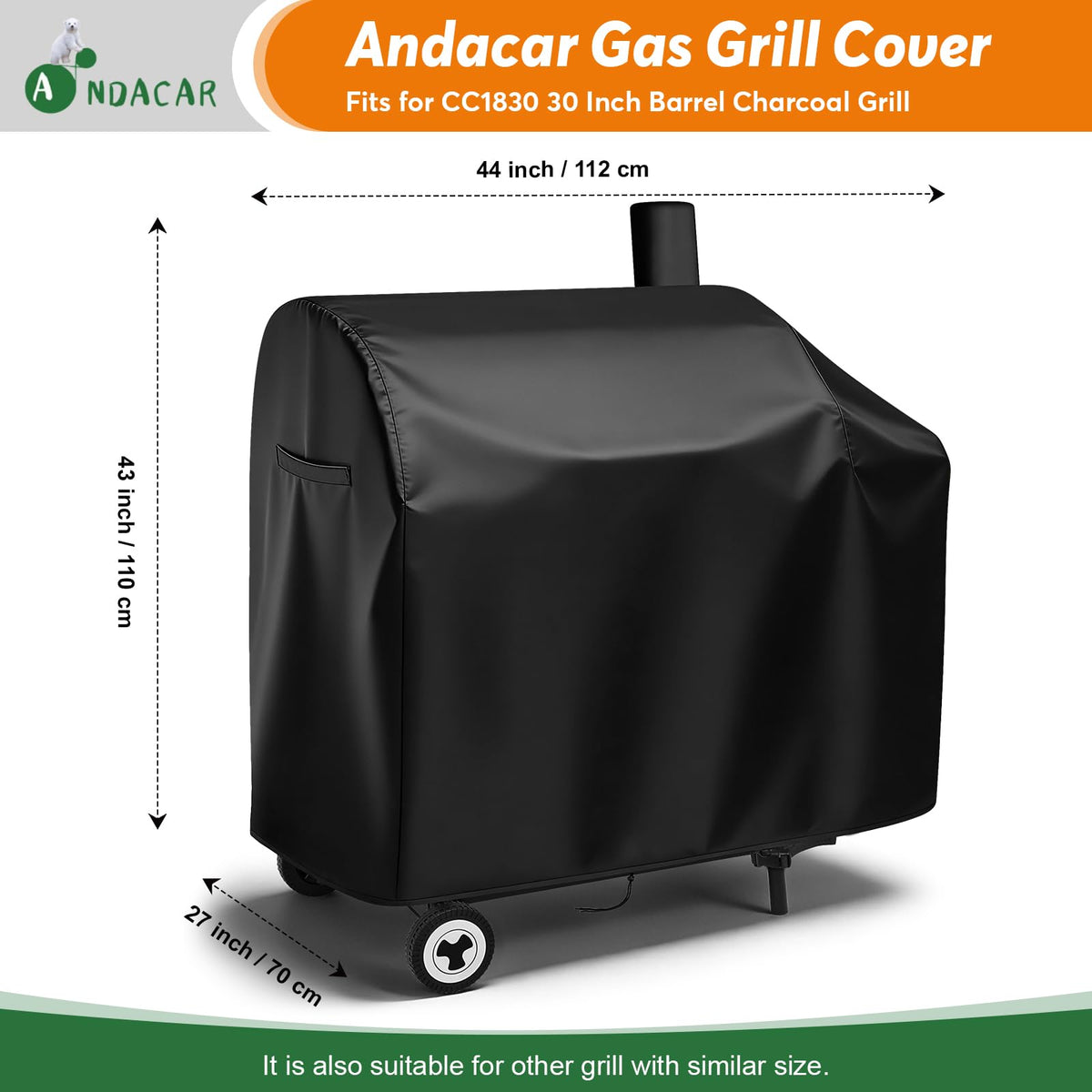 Andacar CC1830 cover, waterproof coating, keeps grill dry during rain and clean.