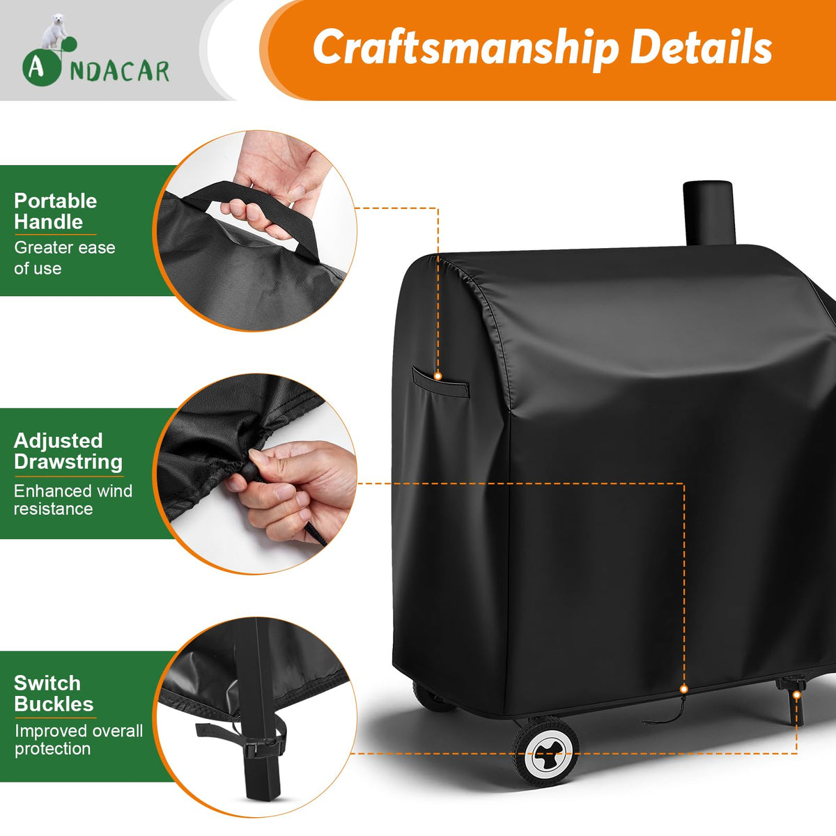 Andacar CC1830 cover, weather protection, withstands snow, hail, rain, and wind.