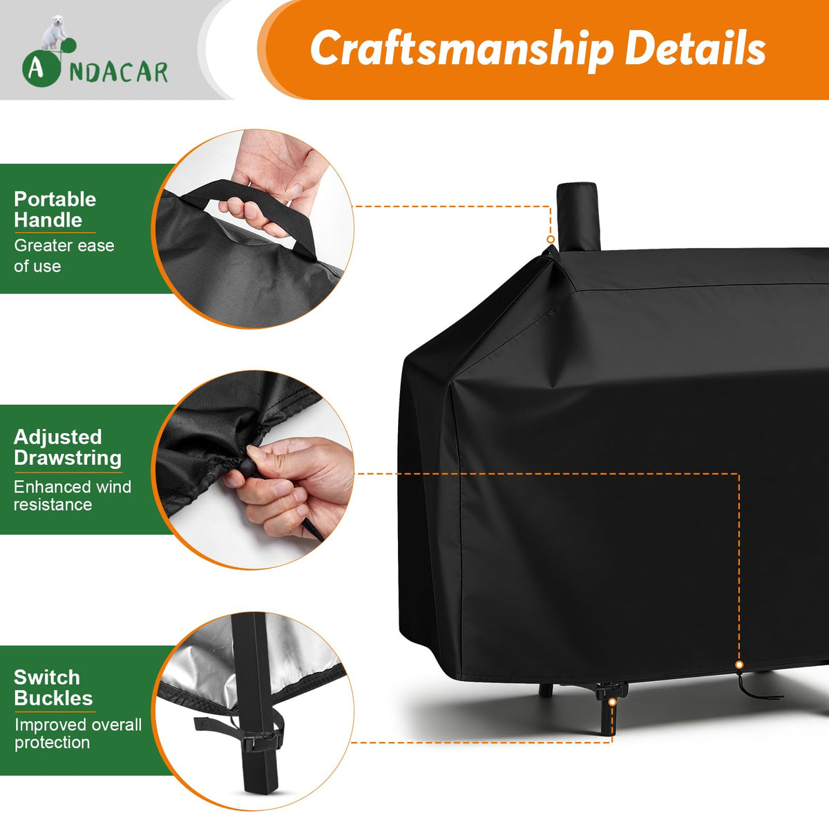 Andacar grill cover beside pool showing durable, weather-ready outdoor protection.