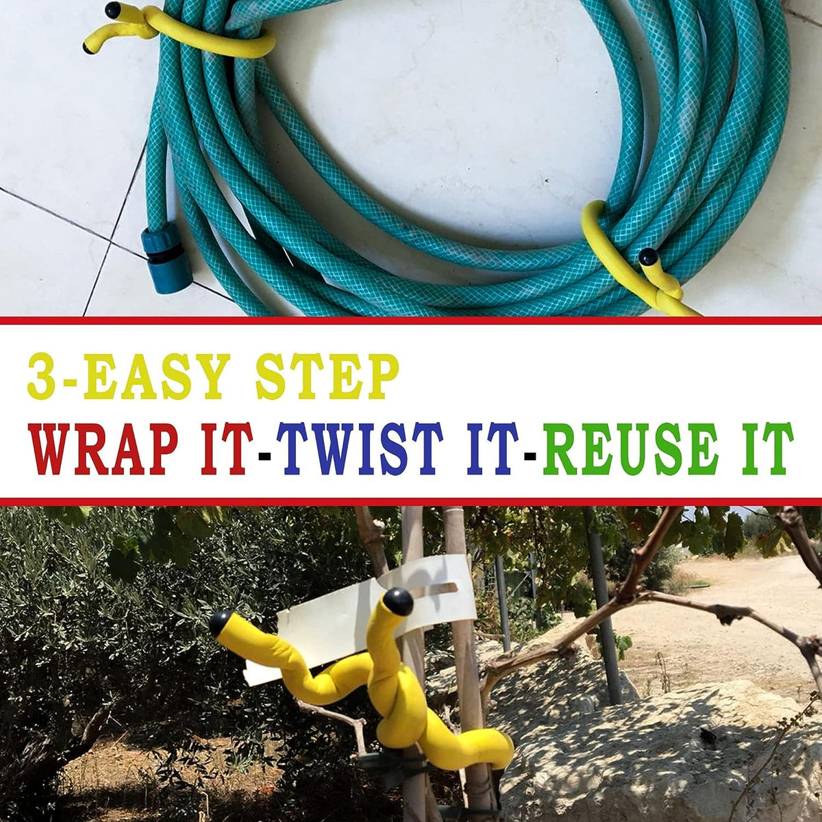 Andalus Brands twist rubber ties in garage uses to bundle hoses or cables