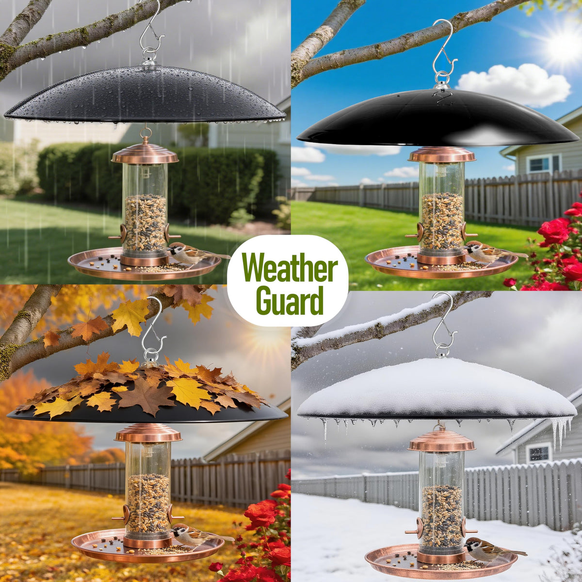 Andergi hummingbird feeder rain guard keeps nectar dry outdoors.