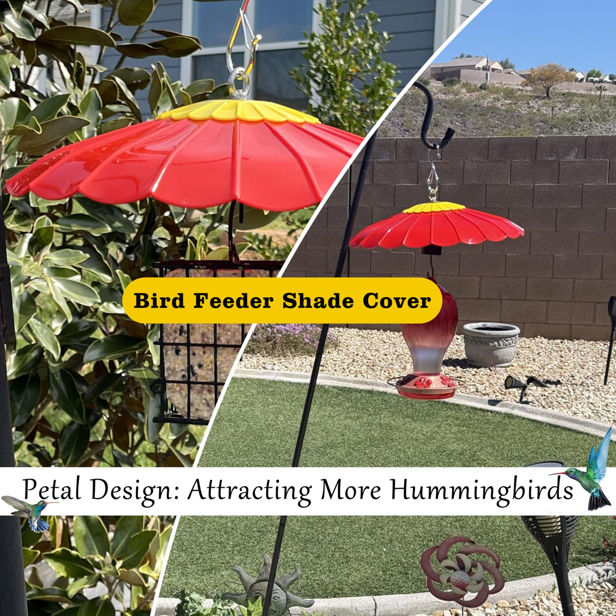 Andergi hummingbird shade dome cover keeps nectar dry while attracting more hummingbirds.