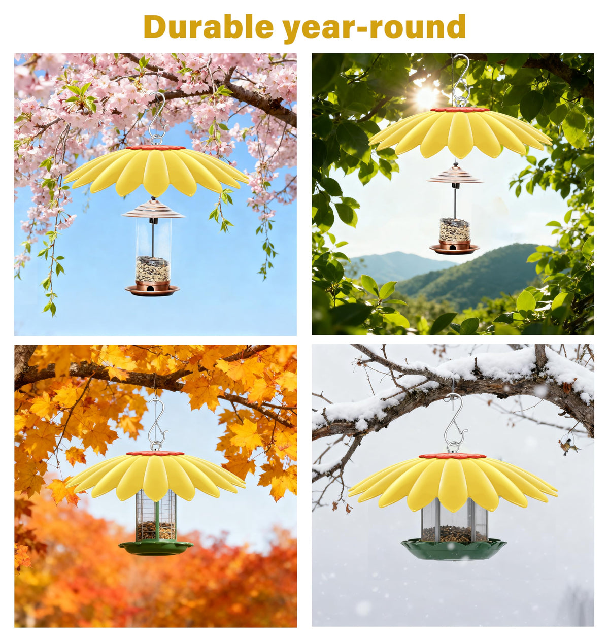 Andergi hummingbird feeder shade dome yellow side view highlights sun shade.