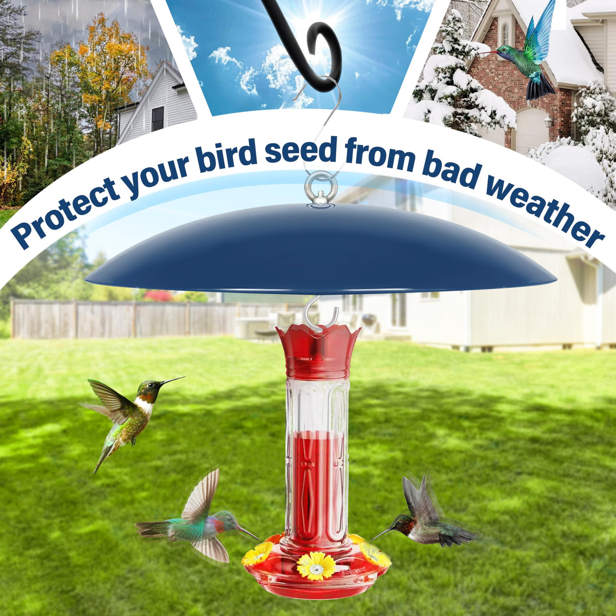 Andergi weather-resistant baffle guards feeders in sun and snow.