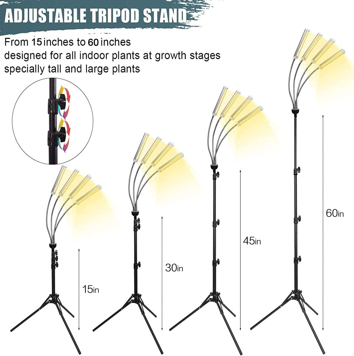 AndoHai LED grow lights offering four modes and six brightness levels for plant stages.
