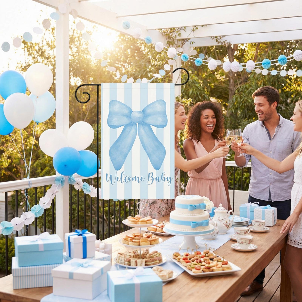 Andrain gender-neutral baby sign enhances porch decor during newborn celebrations