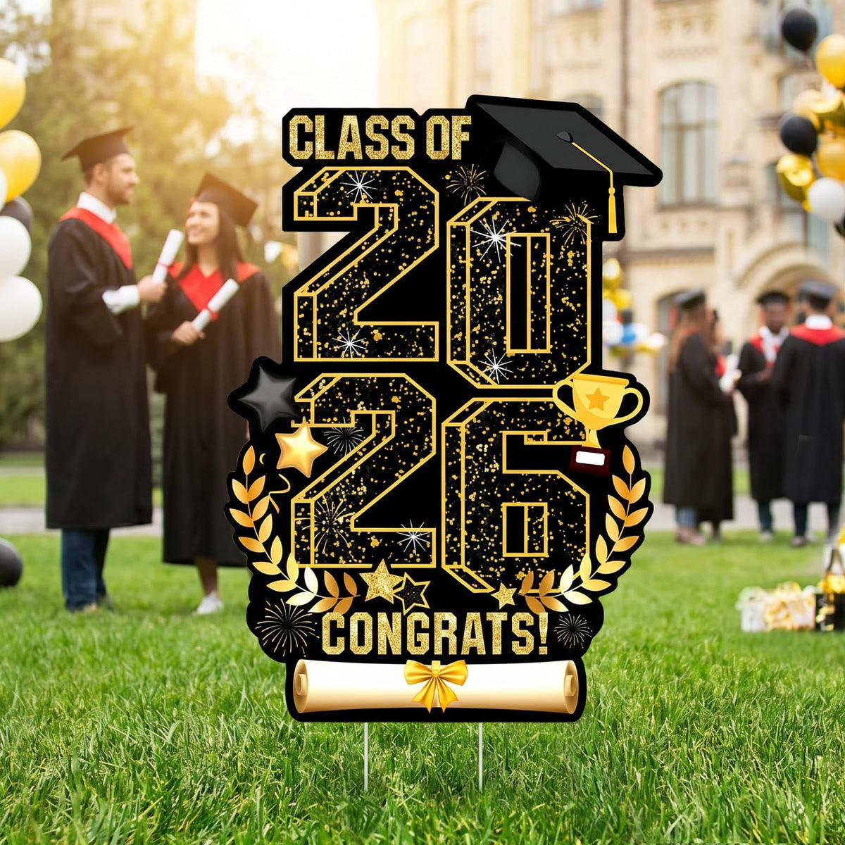 Aneco graduation yard sign assembled display for 2026, ideal as photo backdrop.