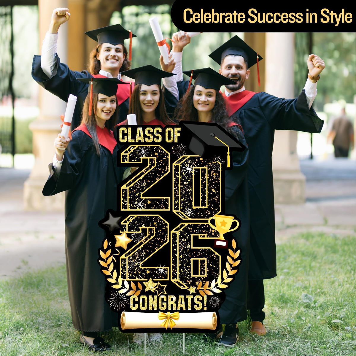 Aneco graduation yard sign in black and gold, highlighting 2026 design.