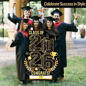 Aneco graduation yard sign in black and gold, highlighting 2026 design.