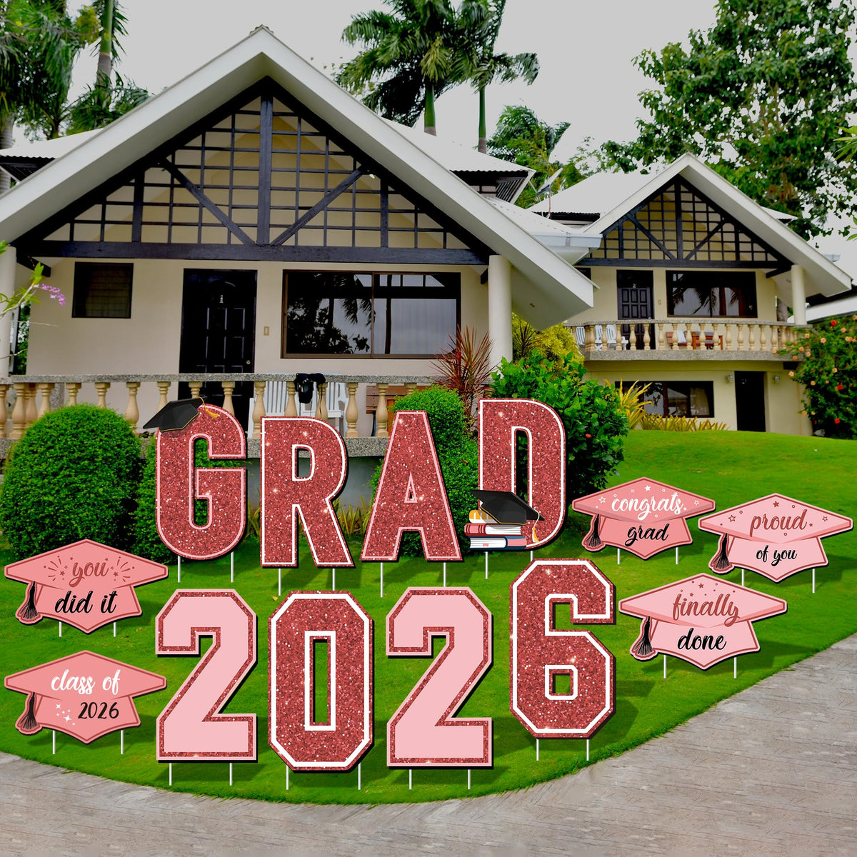 Aneco rose gold grad sign 2026 letters brighten outdoor celebrations with festive curb appeal.
