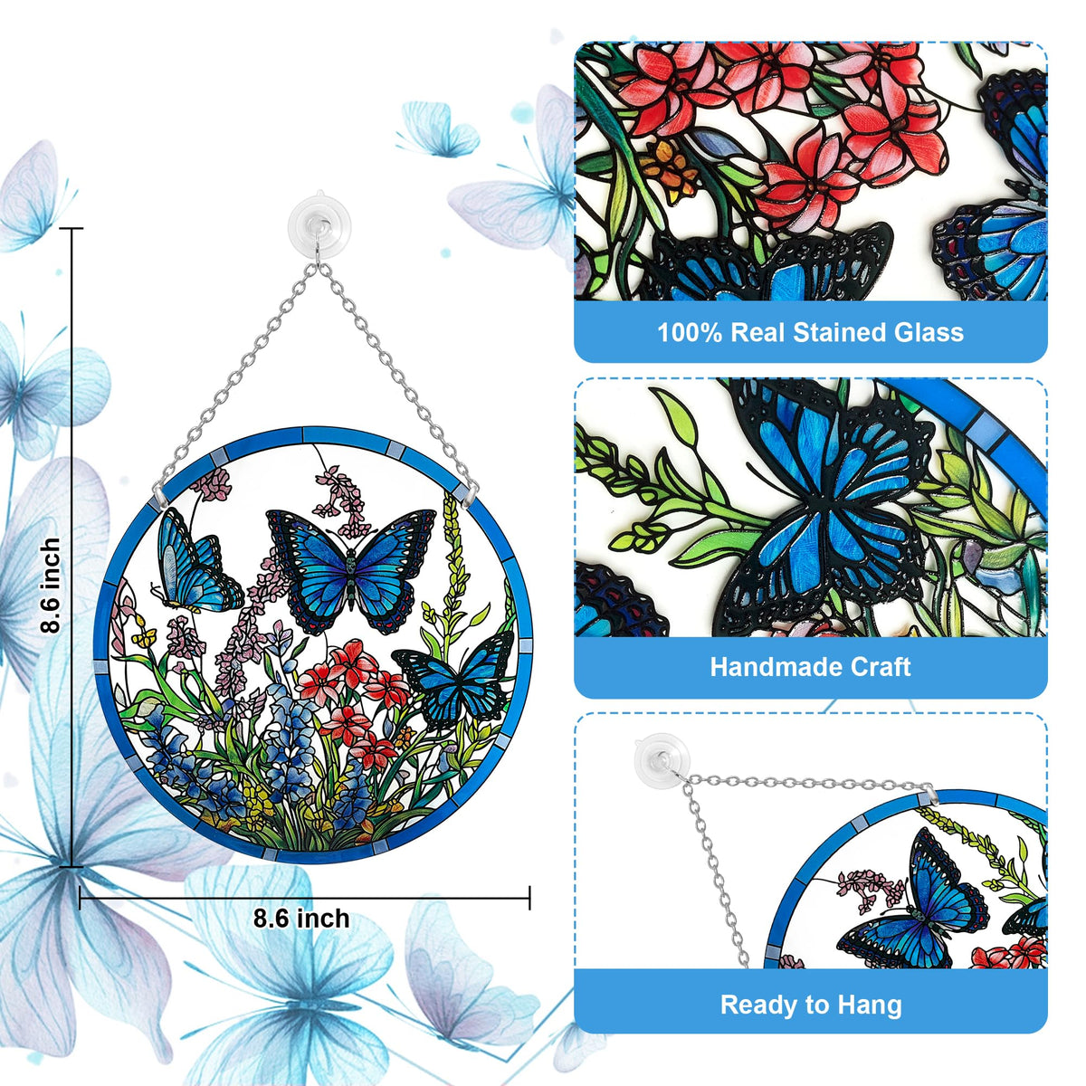 ANFURI blue butterfly window decoration close-up showing hand-painted details.