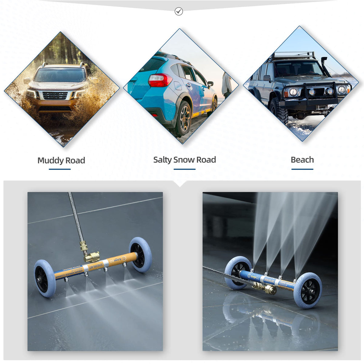 AngeDZ underbody nozzle set targets hard-to-reach areas for thorough cleaning.