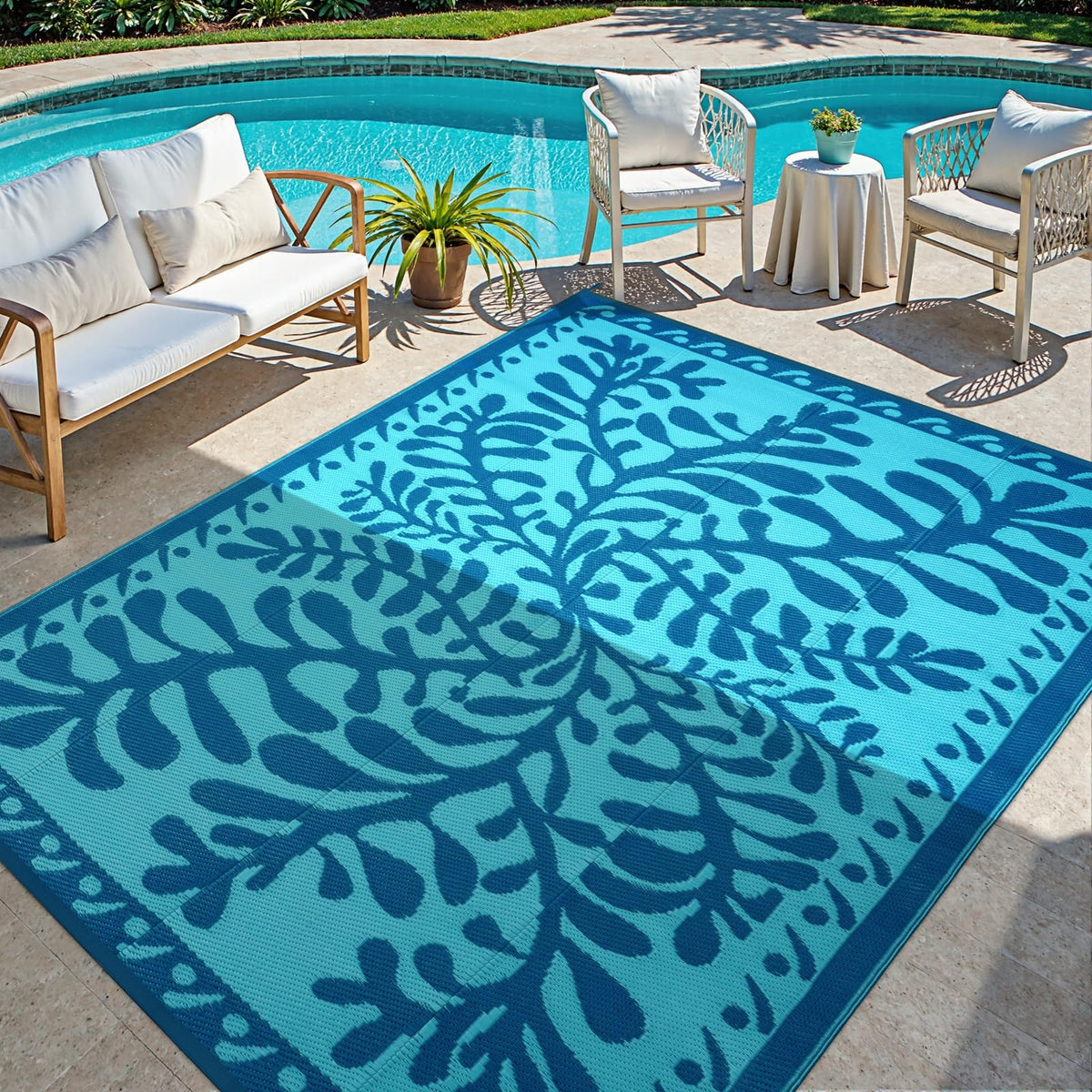 Anidaroel outdoor rug blue aquatic pattern adds nature-inspired charm to patios for gatherings.