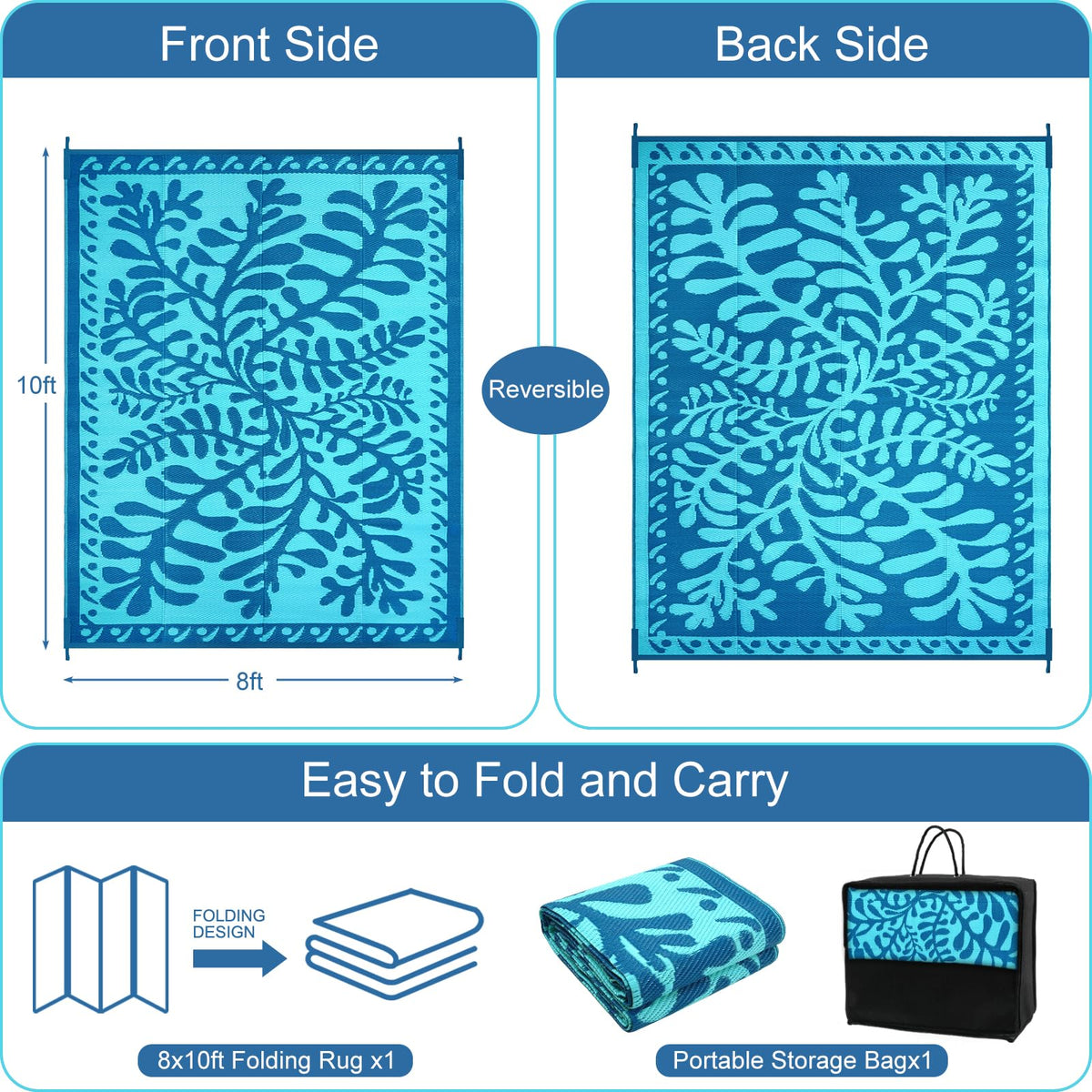 Anidaroel foldable outdoor rug fits in a carry bag for camping trips.