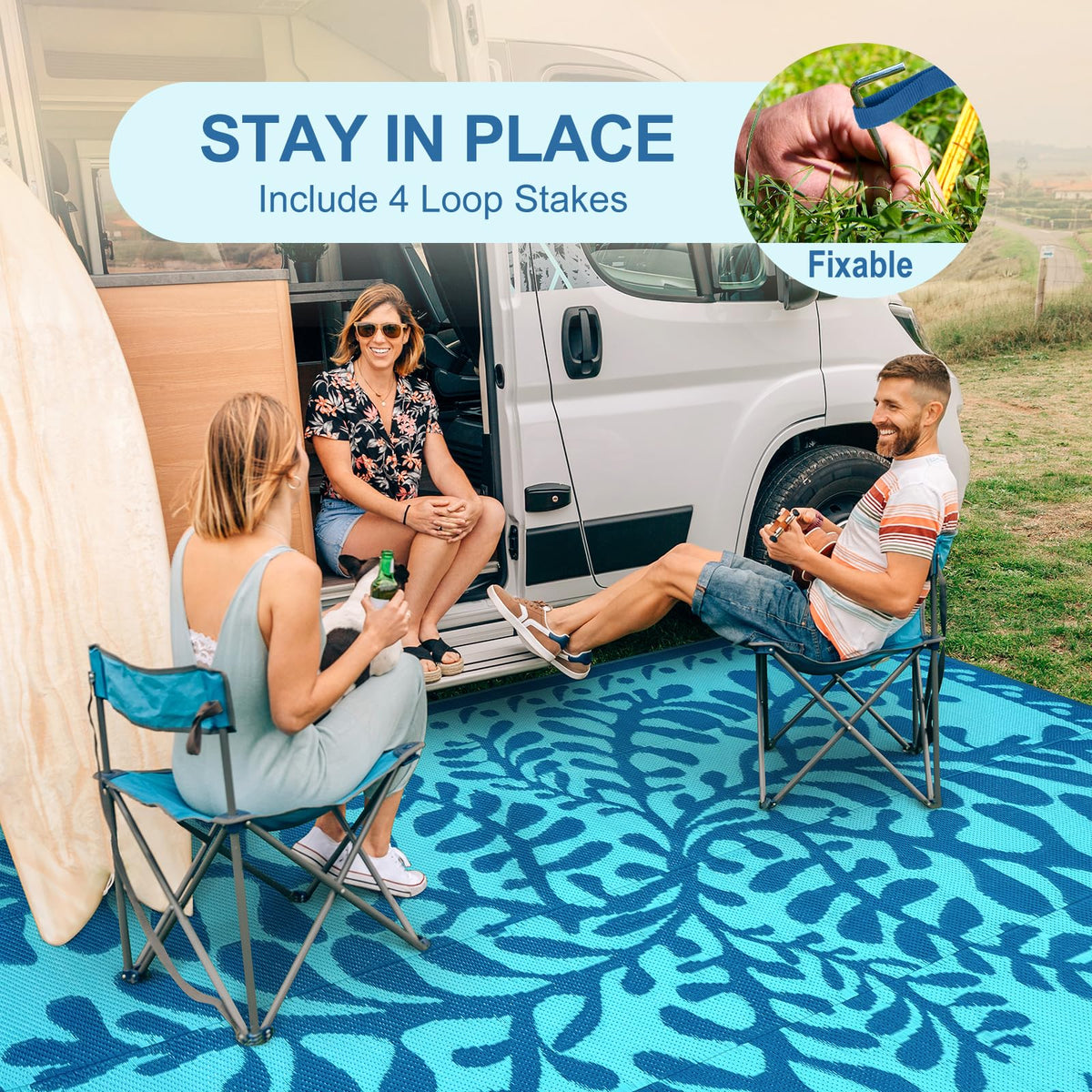 Anidaroel rug with stakes stays put during seaside picnics and RV trips.