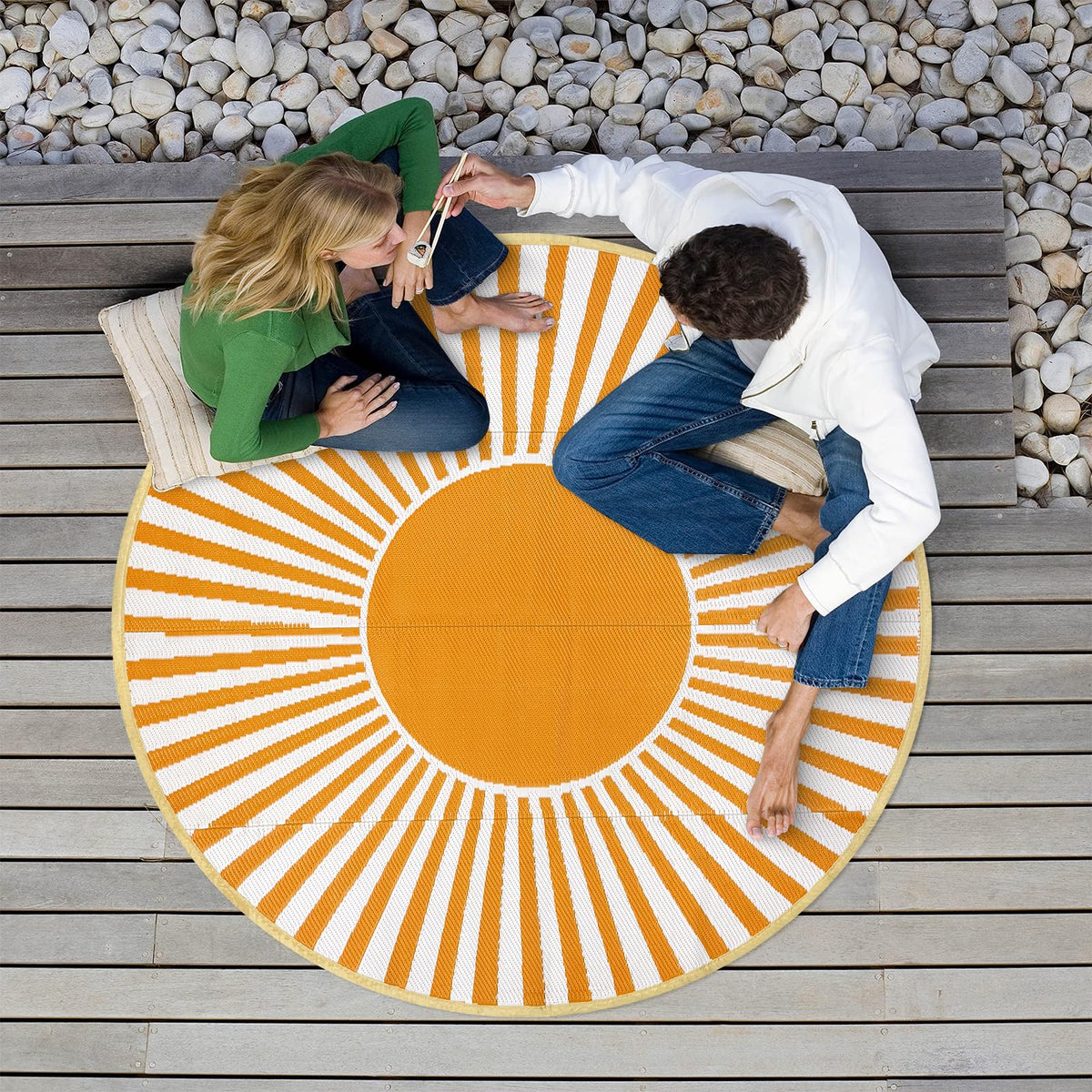 Anidaroel orange round rug reversible view for flexible outdoor styling.