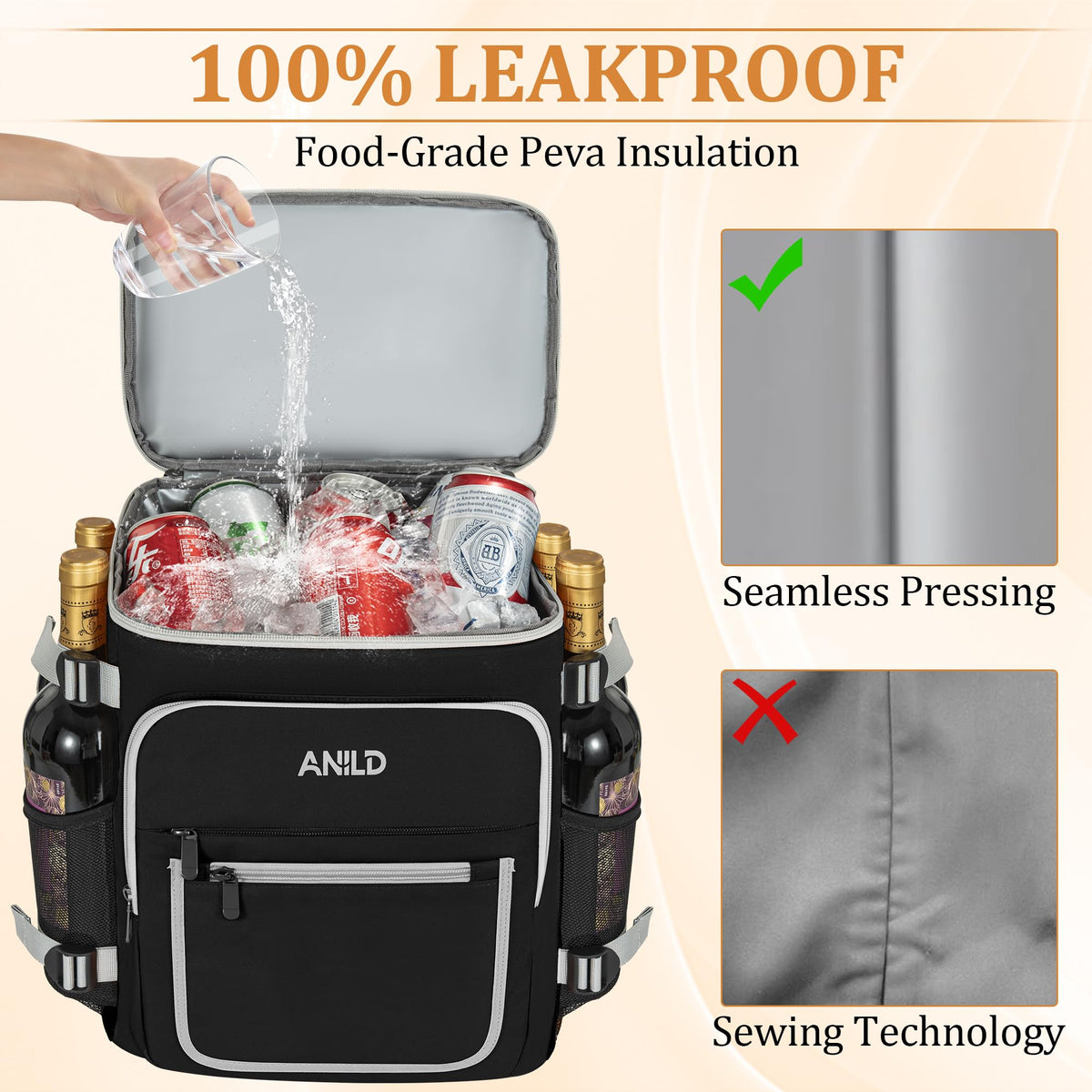 ANILD Cooler Backpack bottle opener strap detail for quick beverages