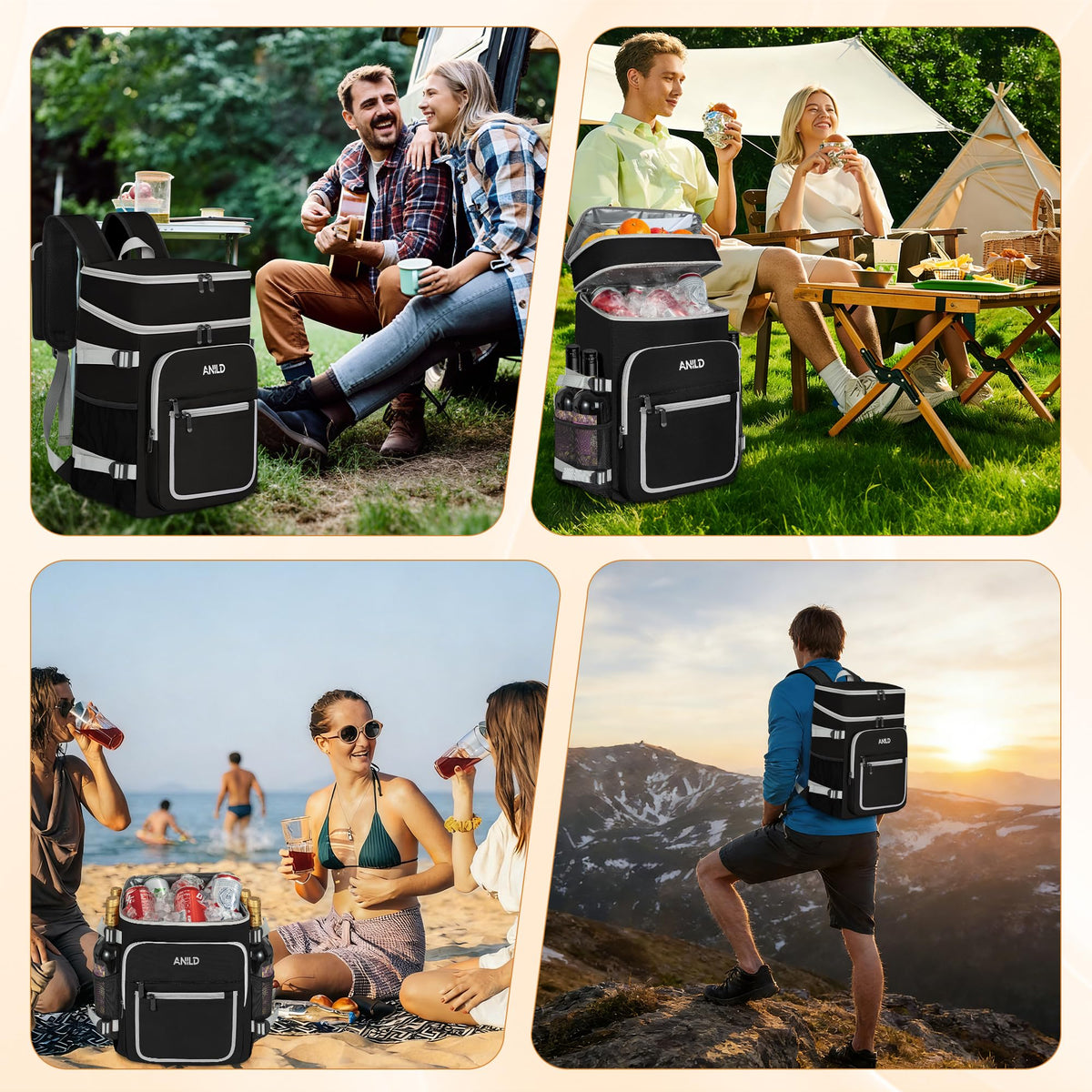 ANILD Cooler Backpack in use at picnic and beach scenarios