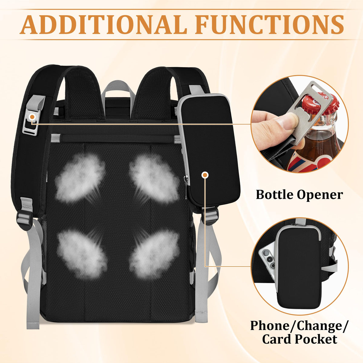 ANILD Cooler Backpack side straps securing bottles for stable transport